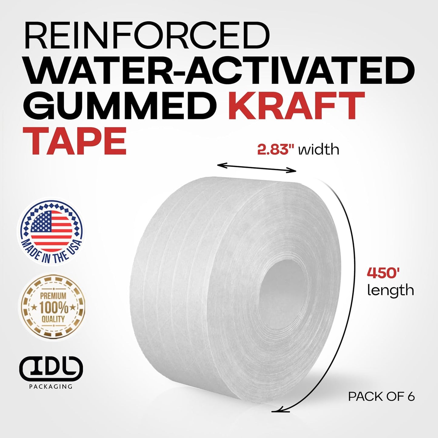 IDL Packaging 2.83" x 450 feet Reinforced Water-Activated Kraft Gummed Tape 30lb Thickness (Pack of 6) - Secure Paper Packing Tape for Secure Carton Sealing - Heavy-Duty for All Conditions, White