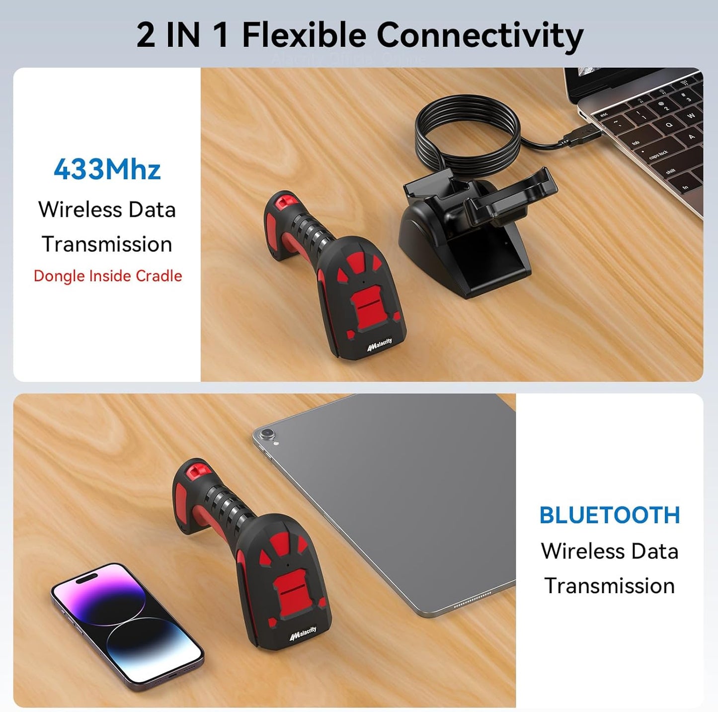 Alacrity Long-Range Scanning Industrial Barcode Scanner, 1D/2D Symbologies, Wireless Charging, Long-Distance 433MHz Wireless & Bluetooth Connectivity, Shock and Dust-Proof Barcode Reader, Green