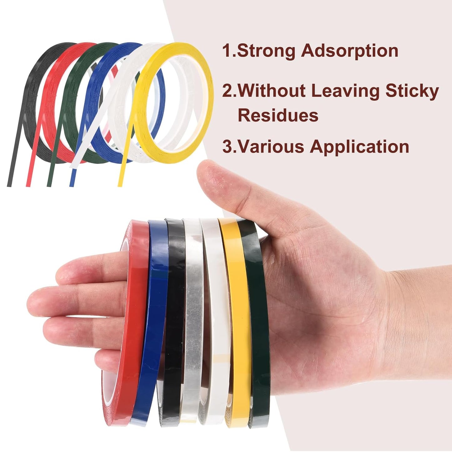 MECCANIXITY 6 Rolls Whiteboard Tape Graphic Chart Tape 8mm 54.7 Yard Art Tape Thin Pinstripe Tape Masking Tape for Gift Wrapping Craft Supplies, Red, Green, Blue, Yellow, Black, Light Yellow