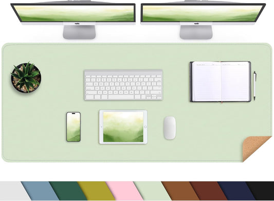 Leather Desk pad Protector, Large Desk mat with Natural Cork & PU Leather,Mouse pad,Non-Slip Office Desk Mat,Waterproof Desk Writing Pad for Office and Home (47in*17in, Light Green)