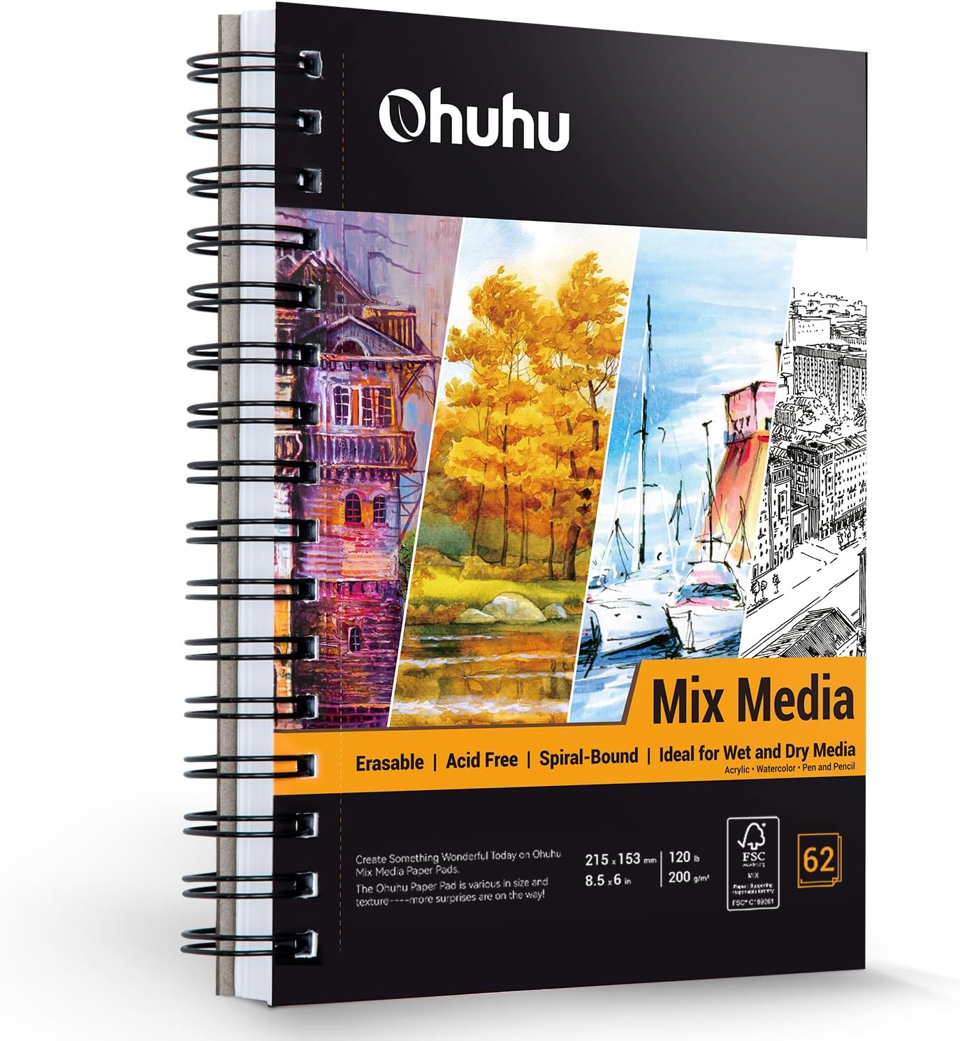 Mix Media Pad, Ohuhu Mixed Media Art Sketchbook, 120 LB/200 GSM Heavyweight Papers, 62 Sheets/124 Pages, Spiral Bound Mixed Media Paper Pad for Christmas Gift (8.5x6 in)