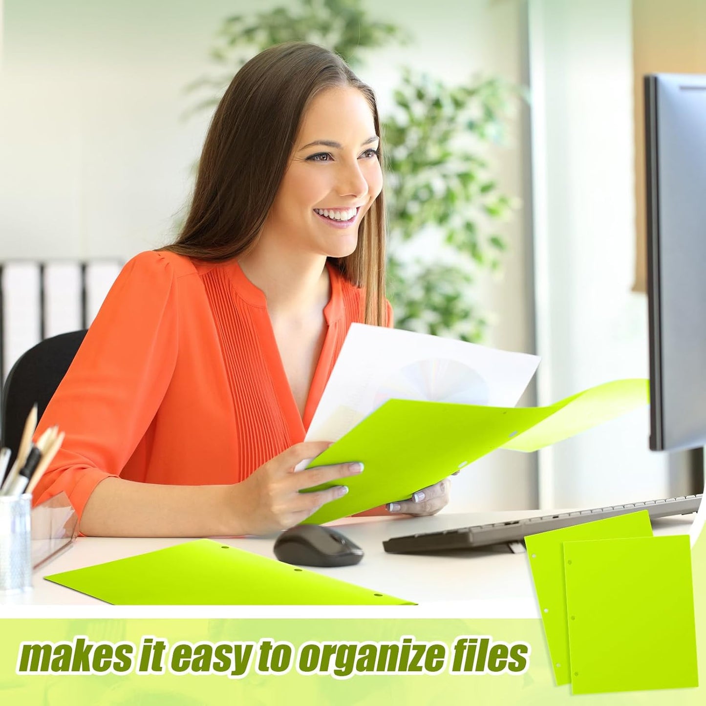 Yeaqee 100 Pcs Plastic Folders with Pockets Bulk 3 Hole Punched 2 Pocket File Folders for 3 Ring Binder Divider Folder for Notebooks, Durable Poly for Office Home (Fluorescent Green)