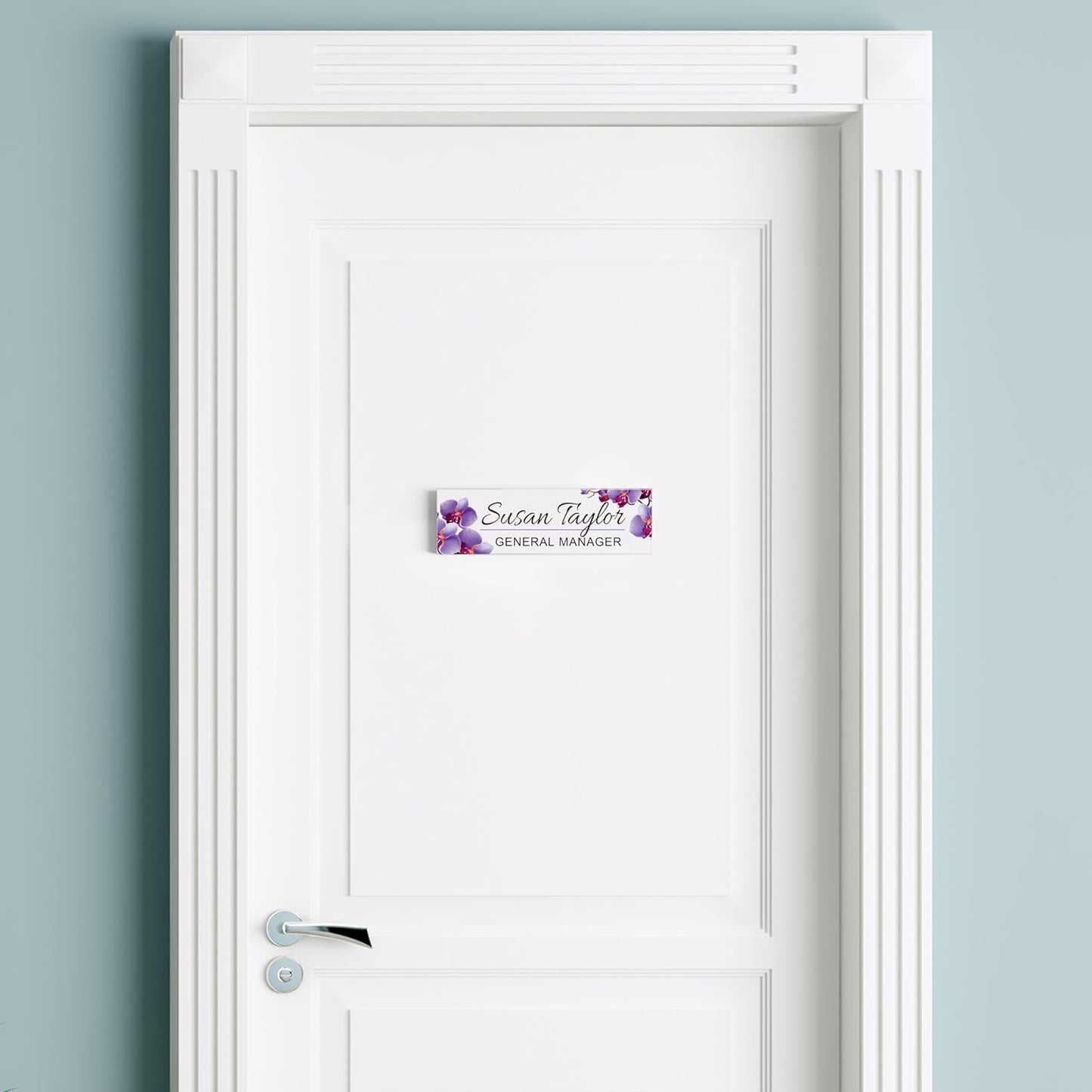 Artblox Personalized Office Desk Name Plate and Business Card Holder | Clear Acrylic Glass with Teak Wood Stand | Purple Orchids Design Customized with Your Name and Credentials Office Desk Decor