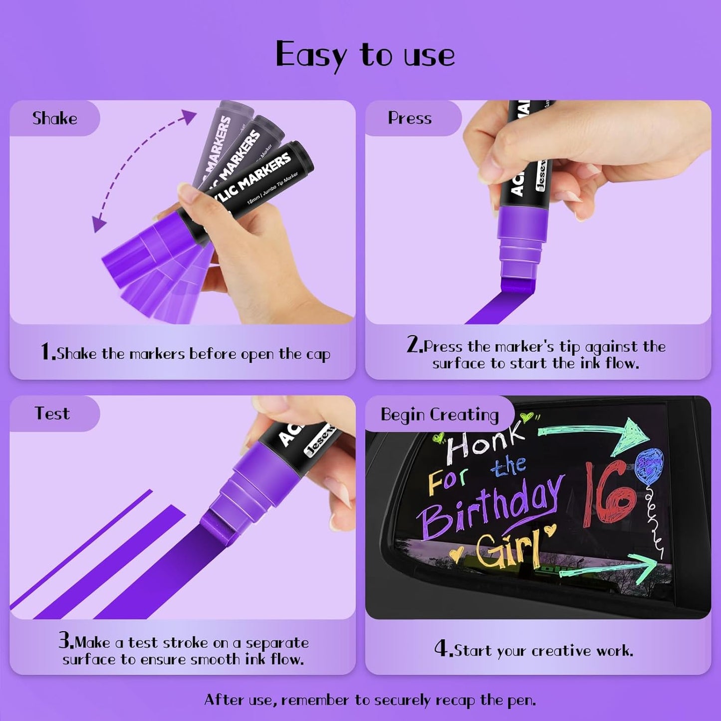 Acrylic Paint Markers, 12 Colors Jumbo Markers, 15mm Jumbo Felt Tip, Waterproof and Permanent Ink Paint Pens for Rock Painting, Stone, Ceramic, Glass, Wood, Canvas, Poster, Signs