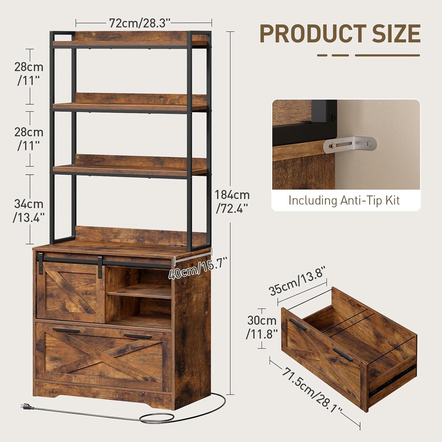 File Cabinet with Charging Station, Vertical Filing Cabinet with Shelves, File Cabinet for Home Office, Printer Stand with Storage Shelves & Barn Doors, Fits A4/Letter Files, Rustic