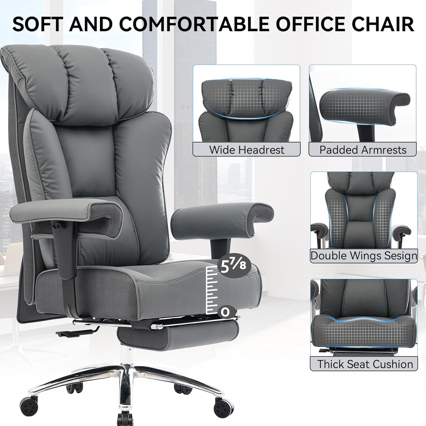 Efomao Big and Tall Office Chair 450LBS with Foot Rest, High Back PU Leather Executive Chair with Adjustable Padded Armrests, Lumbar Support for Home or Work, Heavy Duty Computer Chair, Grey