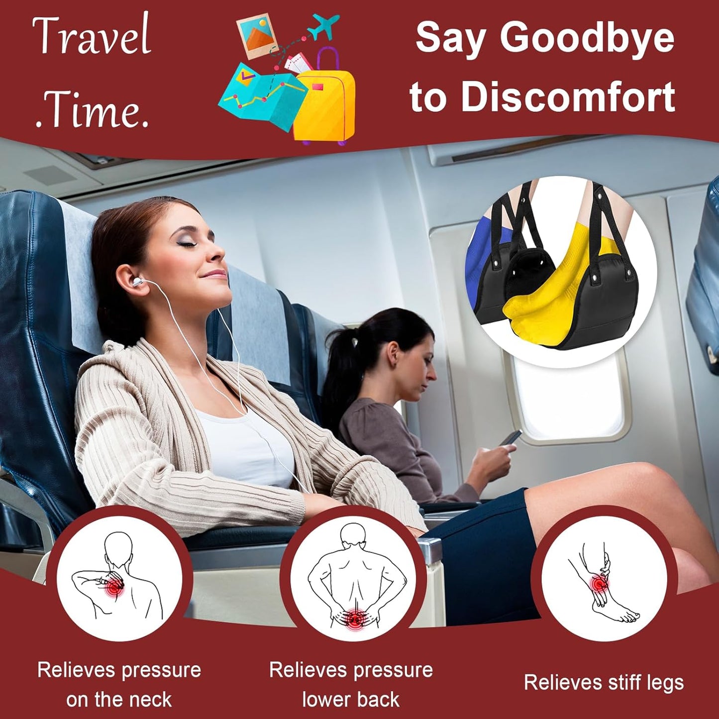 Airplane Foot Rest, 2Pack (Memory Foam) Plane Foot Hammock, Adjustable Portable Leg Rest for Airplane Travel, Relax Your Feet Foot Rest for Air Travel for Long Flight