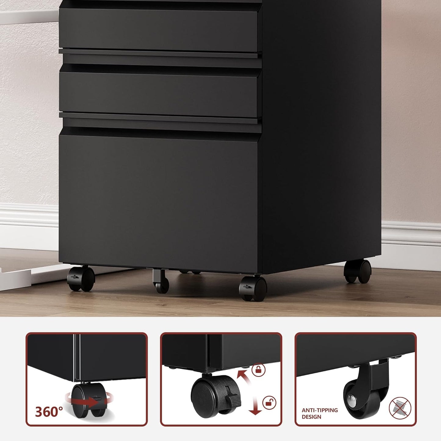 3 Drawer File Cabinet，Mobile Filing Cabinet with Lock and Wheels，Un-Assembled Metal Under Desk File Cabinets for A4/Letter/Legal Size（Black