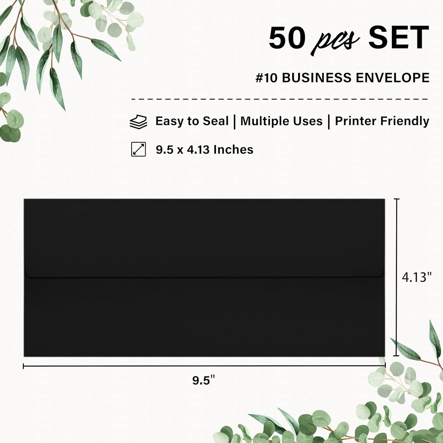 50 Pack #10 Business Envelopes, Self Seal Standard Black Envelopes for Secure Business & Legal Mailing, Office, Checks, Letter, Invoices, 4 1/8 x 9 1/2 Inches