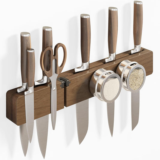 Magnetic Knife Holder for Wall, Acacia Wood Knife Magnetic Strip No Drill Knife Magnet Storage Bar Magnetic Tool Key Holder Strip for Kitchen Utensil Organizer (Dark Brown, 16 Inch Large)