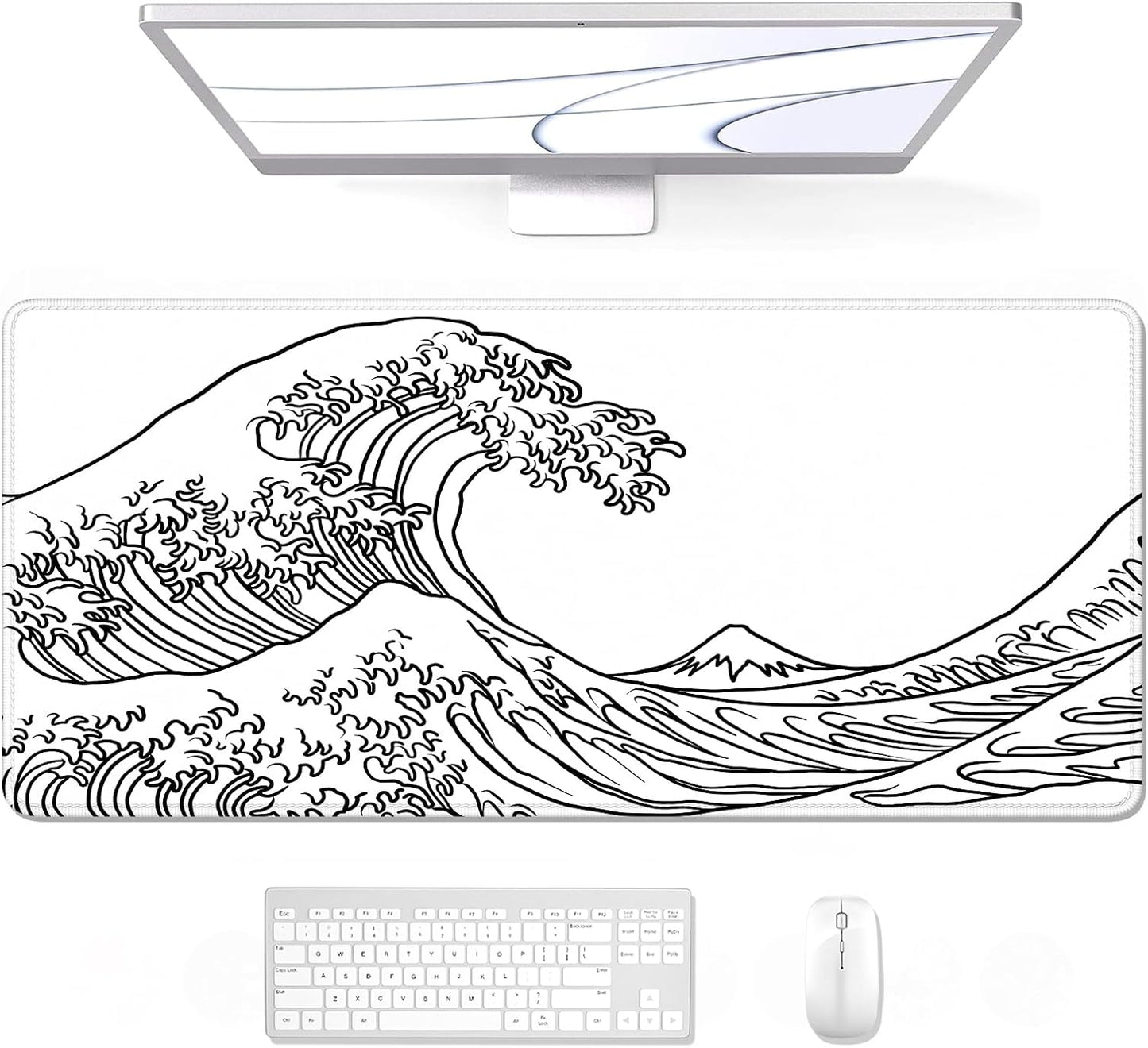 Auhoahsil Large Mouse Pad, XXL Gaming Mousepad, Desk Mat for Desktop, Thick Rubber, Big & Long Size, Stitched Edges, Full Desk Pad for Laptop & Computer, Extended 35.4 x 15.7 in, White Great Wave