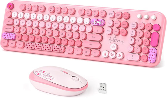 Wireless Keyboard and Mouse, Typewriter Full Size Keyboard with Number Pad and 2 in 1 USB Connected Mouse for Windows 7/8/10, Laptop, Desktop, PC, Computer (Pink Colorful)