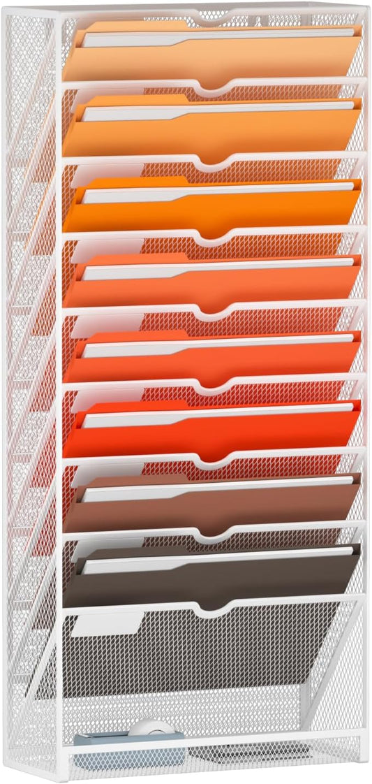Marbrasse 10-Tier Hanging Wall File Organizer, Wall File Holder for Papers, Files Clipboard & Magazine Organizer, Wall Mount File Holder Great for Office Home (White)