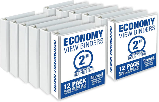 Samsill 2 Inch 3 Ring Binders, Made in USA, Economy Round Ring, Clear View Cover, 425 Sheet Capacity - for School, Home, Office - White, 12 Pack