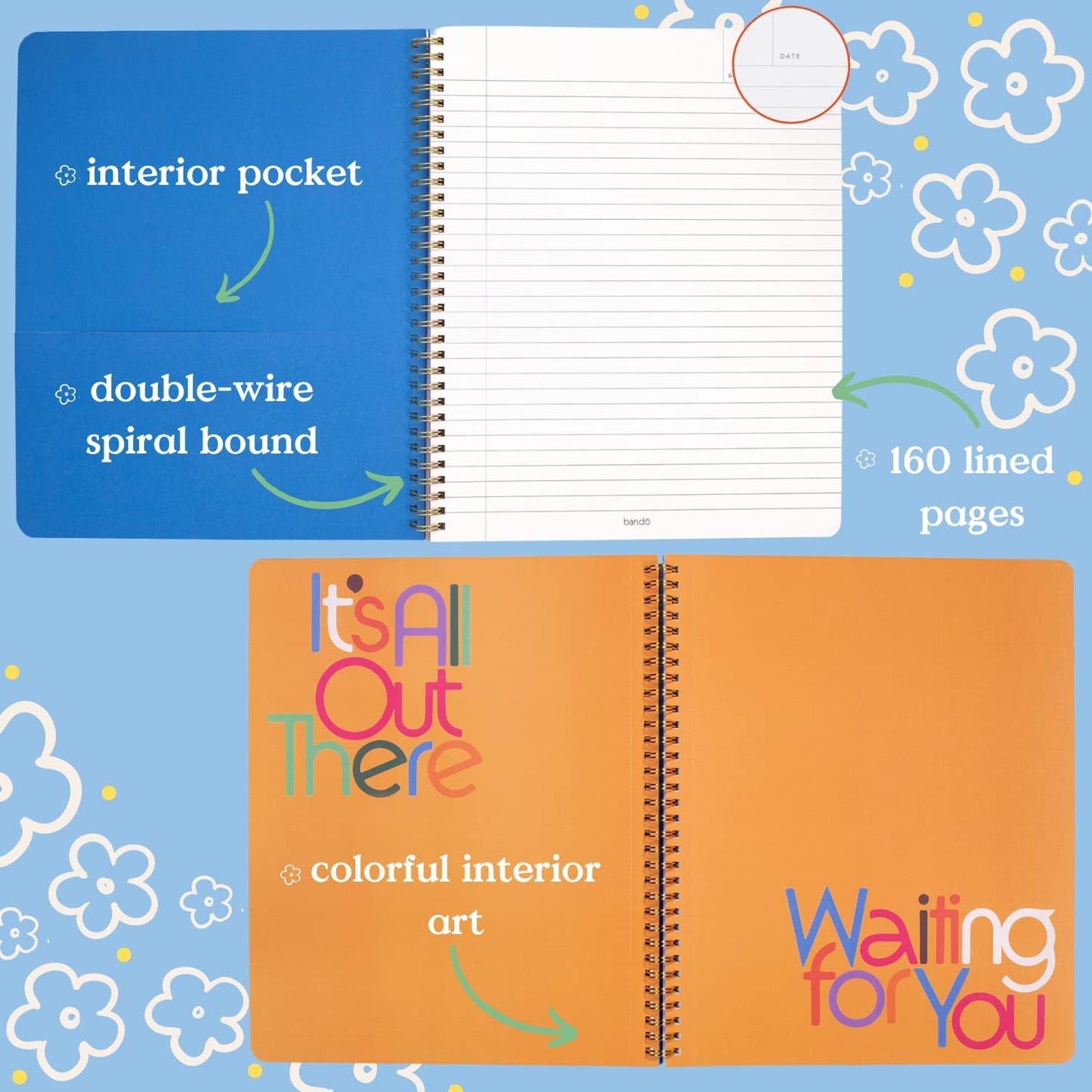 ban.do Rough Draft Large Spiral Notebook with Saying, 11" x 9" with Pockets and 160 College Ruled Pages, Possibilites are Endless