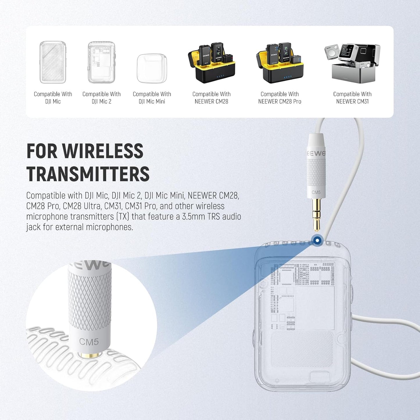 NEEWER 2 Pack Lavalier Lapel Microphone Compatible with Rode Wireless GO II 2 DJI Wireless Mic Transmitter, Omnidirectional Condenser Wired Clip On Lav Mic for Stage YouTube Live Streaming, CM5, White