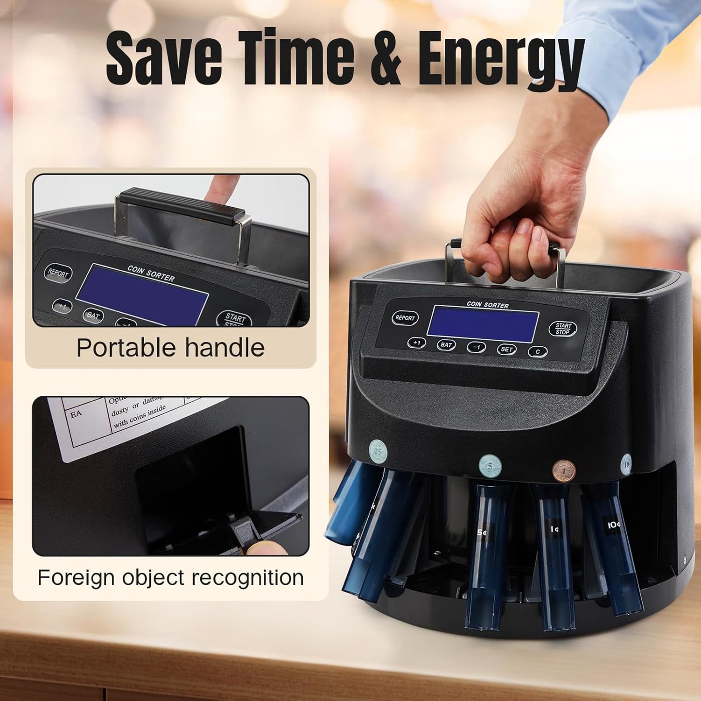 Coin Counter 300-Coin Capacity, USD Coin Sorter and Wrapper Machine Sort 270 Units/Min, Automatic Change Counter with LCD Display for 1￠ 5￠ 10￠ 25￠ $1, Included 5 Coin Bins & 5 Tubes & 5 Wrappers