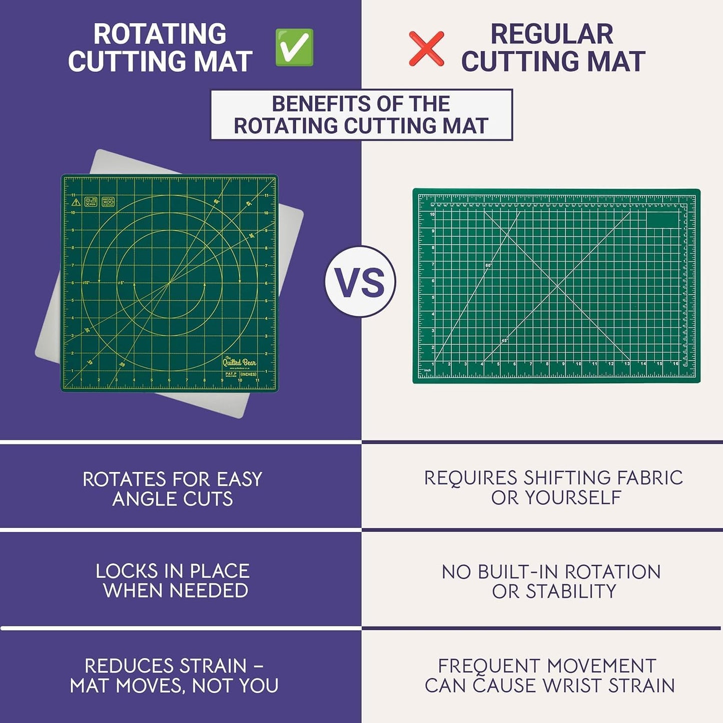 The Quilted Bear Rotating Cutting Mat 18" x 18" - Square 360° Rotating Self Healing Mat with Innovative Locking Mechanism for Quilting & Sewing Your Choice of Colours Available! (Green)