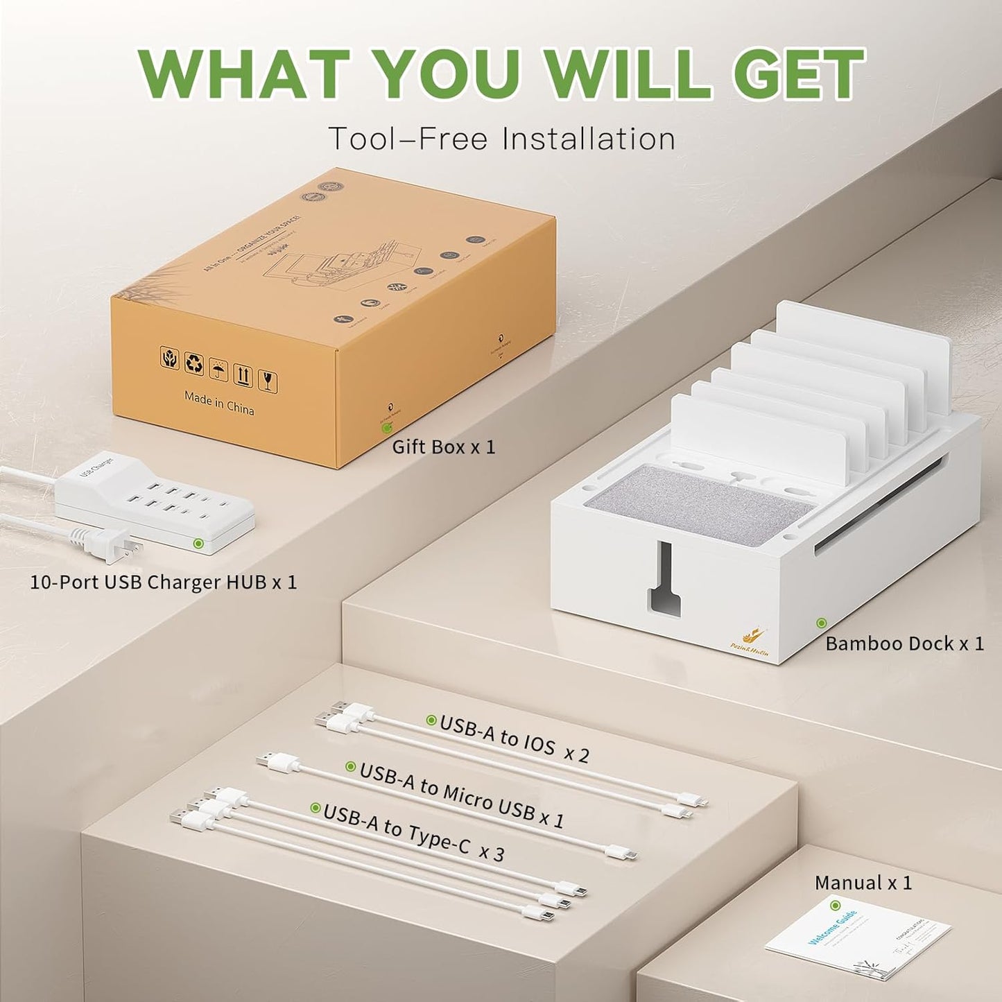 Pezin & Hulin Bamboo Charging Station for Multiple Devices, USB Charger Dock Organizer, with Power Supply (10 Ports HUB), 6 Cables, Cable Management Organizer for Cell Phones, Tablets -White