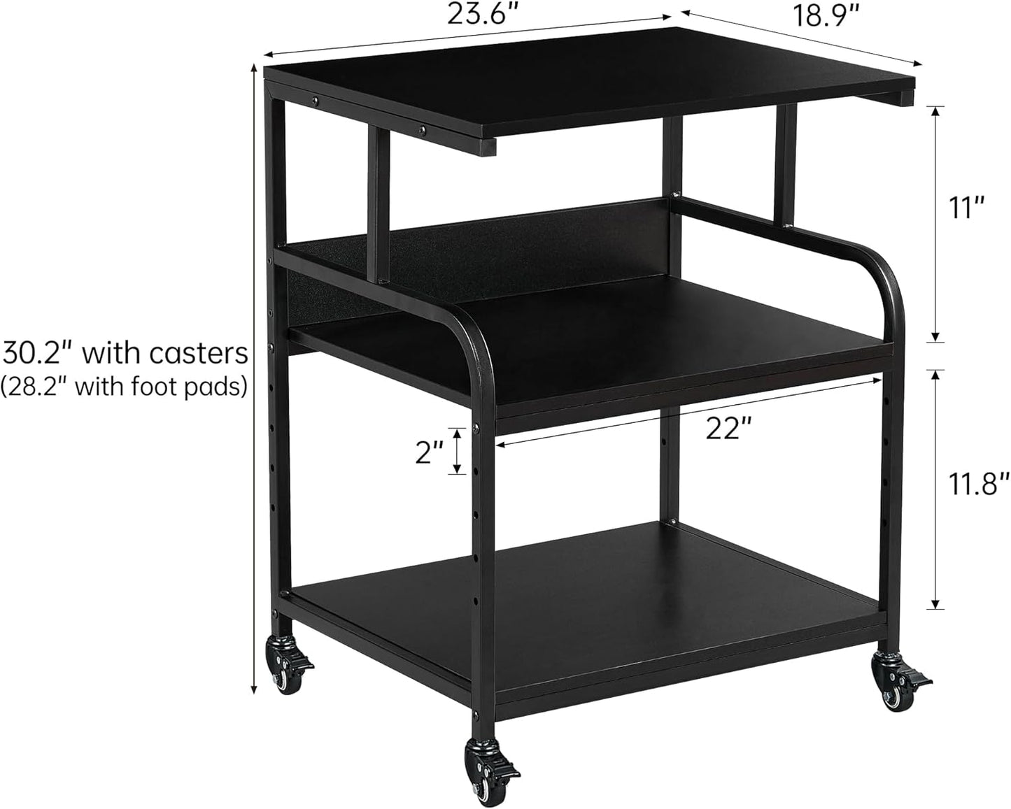 Printer Stand, 23.6 x18.9 x 30 Inches Large Printer Table with Adjustable Storage Shelf, 3 Tier Rolling Printer Cart with Wheels for Home Office, Stand for Heat Press Mini Fridge, Black