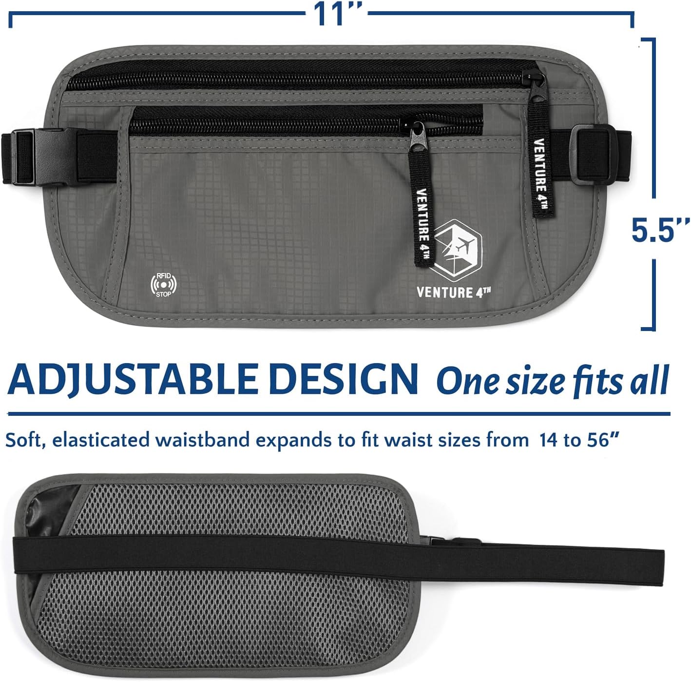 VENTURE 4TH Travel Money Belt - Slim Passport Holder RFID Blocking Travel Pouch to Protect Cash, Credit Cards and Travel Documents (Gray)