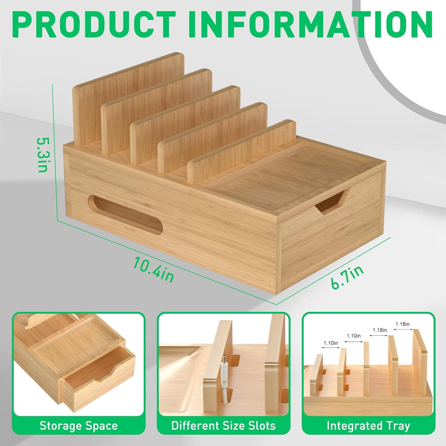 Bamboo Charging Station for Multiple Devices, Desktop Charger Organizer with Tray& Drawer, Wooden Docking Station for Smart Devices, Cell Phone, Tablet,Watch (Include 6 Cables, 5 Port USB Charger)