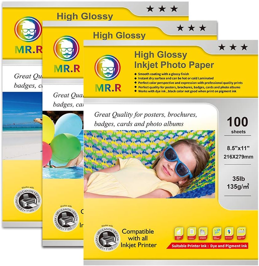 MR.R Single Side High Glossy Inkjet Photo Paper Letter Size 8.5"x11" with 100 sheets per pack 135gsm 35LB