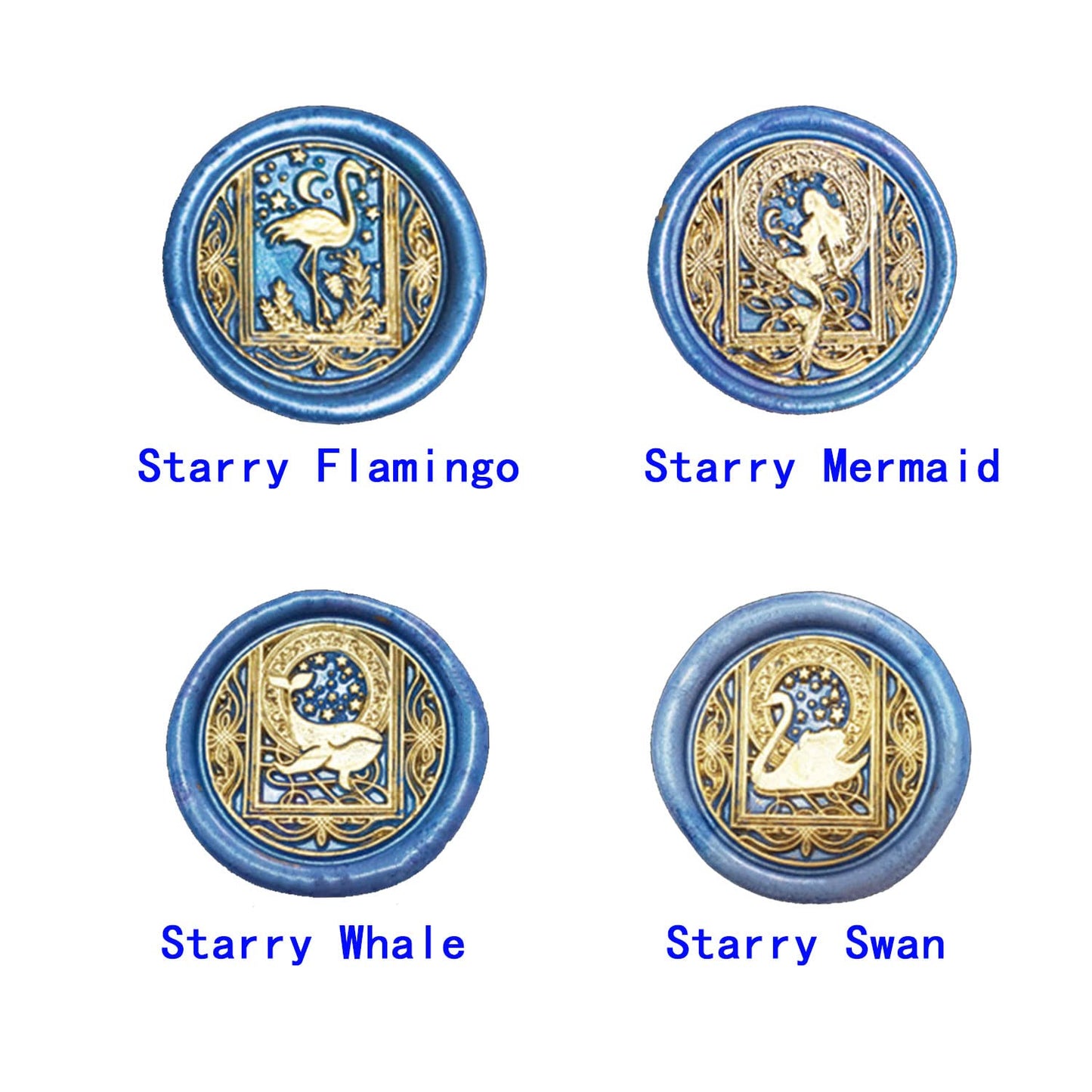 Wax Seal Stamp Kit With 4 Removable Brass Heads and Wooden Handle - Retro Starry Mermaid, Whale, Flamingo, Swan Sealing for Cards and Invitations