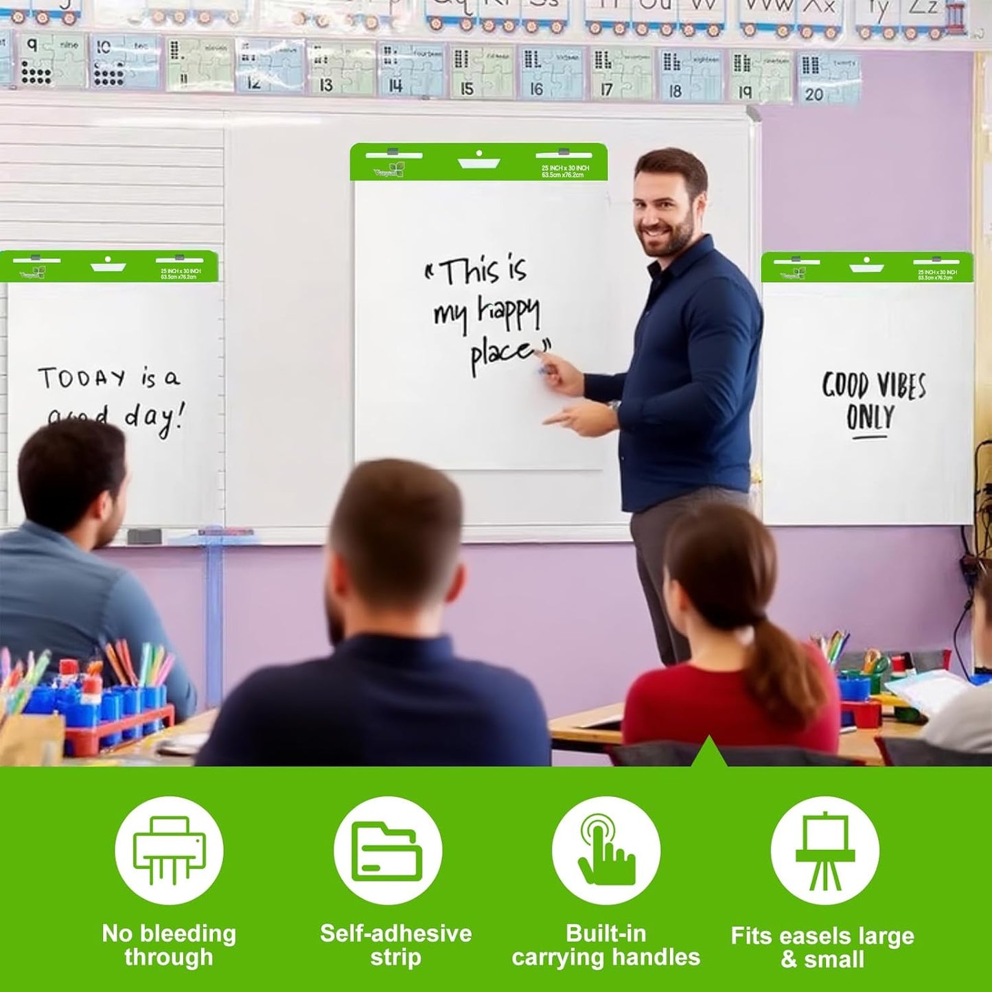 Sticky Easel Pad 25 in x 30 in, 35 Sheets/Pad, 4 Pads/Pack, 140 Sheets， Large White Sticky Easel Paper for Office and Classrooms, Flip Chart Paper for Teachers，Super Sticking Power & Bleed-Resistant