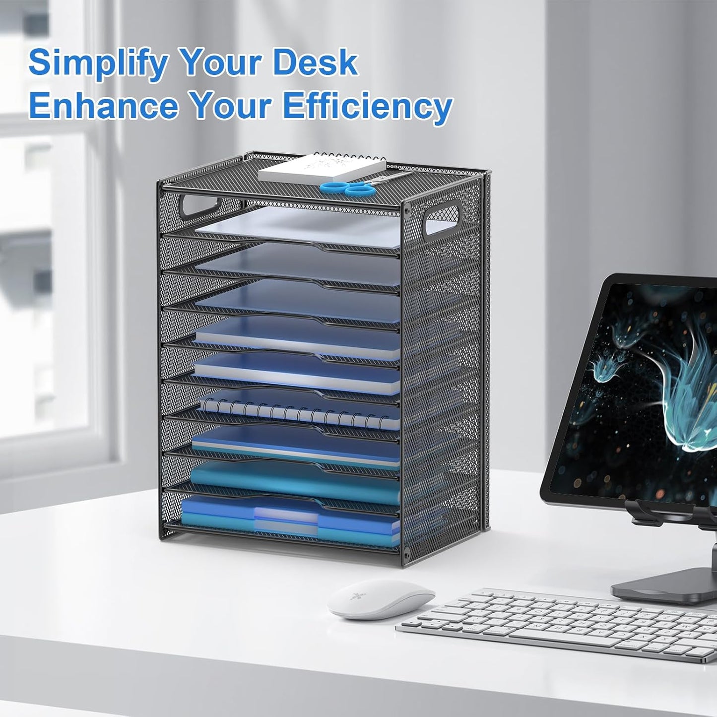 OUTWOLF 10 Tier Paper Organizer - Letter Tray Mesh Desk File Organizer with Handles for Office School Desktop, Black 2 Pack