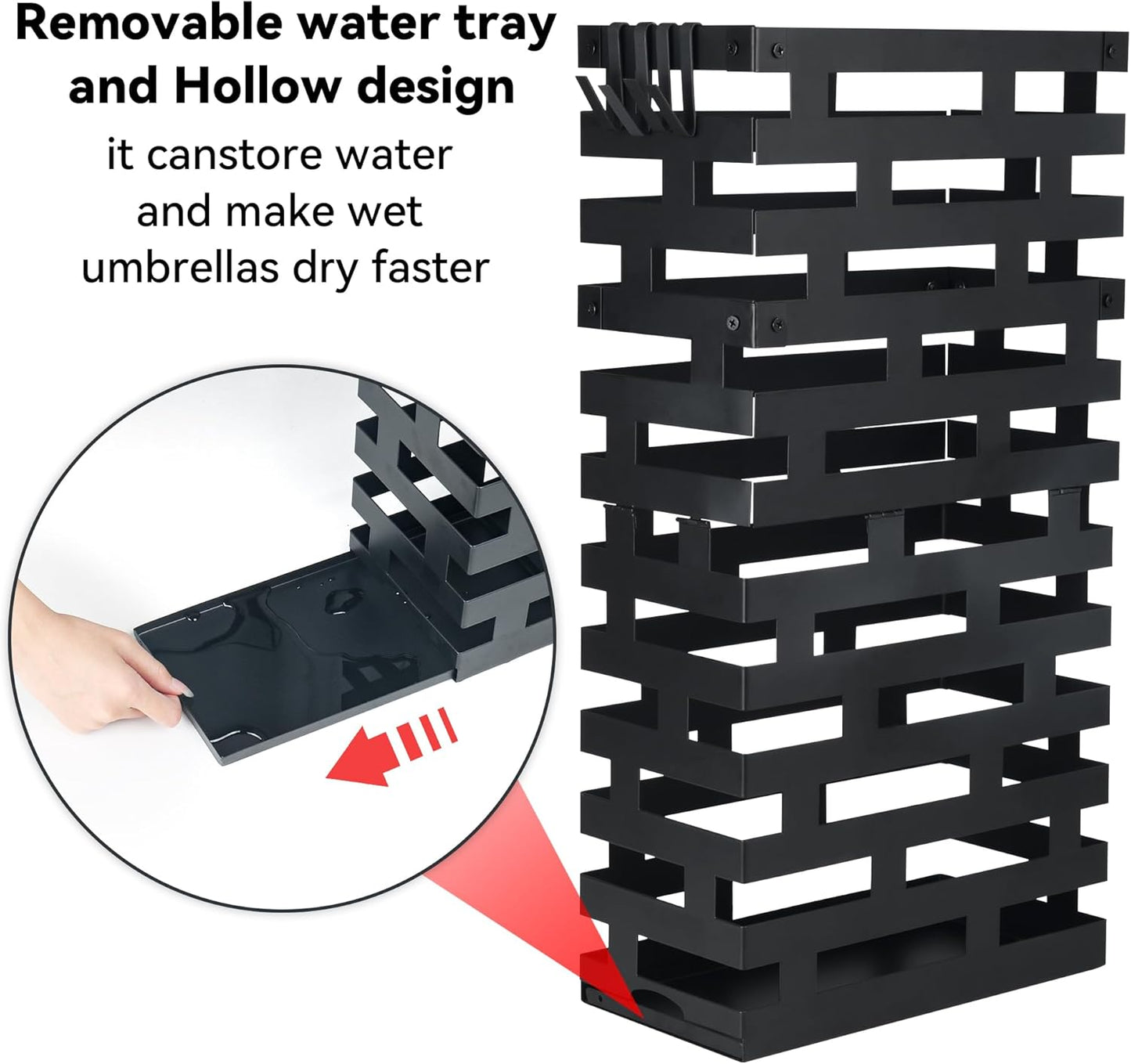 23 Inch Umbrella Holder for Indoor Entryway, Large Metal Umbrella Stand with Removable Water Tray and Hooks, Umbrella Rack Storage for Home, Office, Hotel