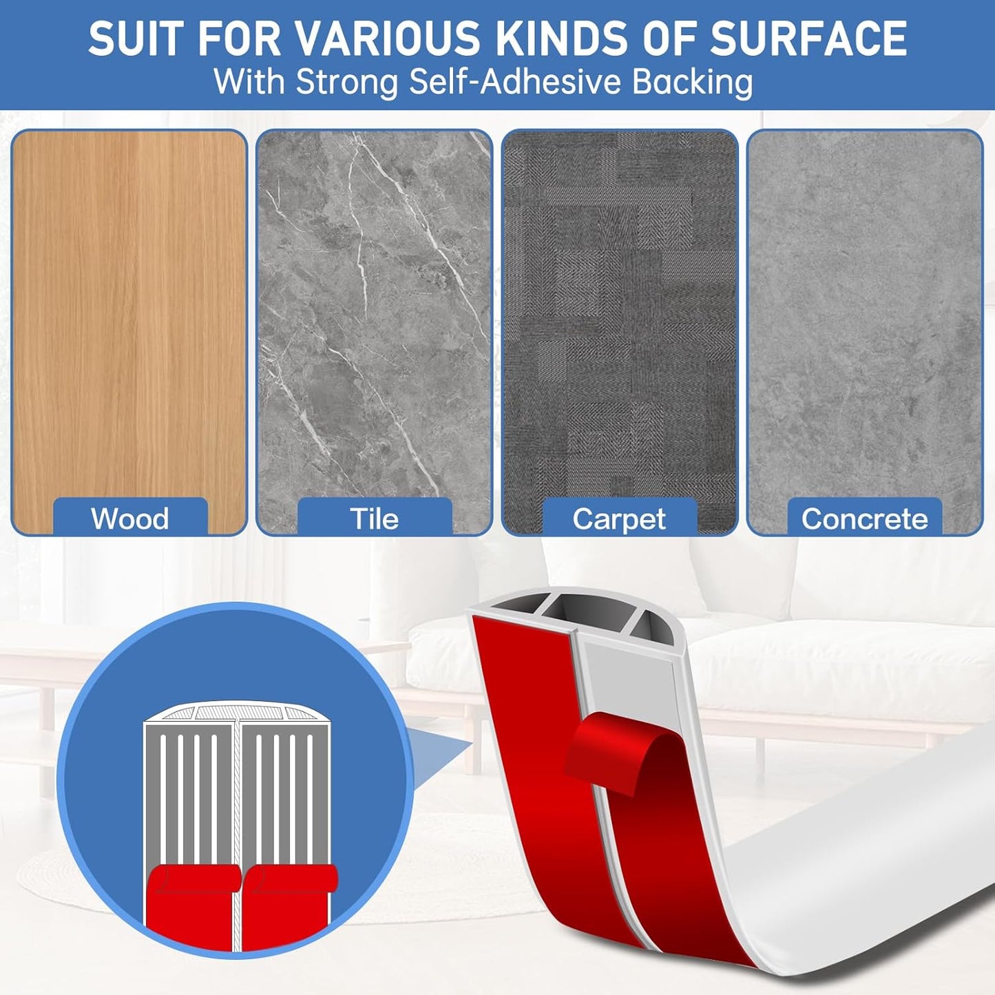 Floor Cord Cover Self Adhesive Cord Hider Floor Extension Cord Covers for Floor Power Cord Protector Cable Management Prevent Cable Trips Cable Cavity 0.51" W x 0.31" H (White, 20Ft)