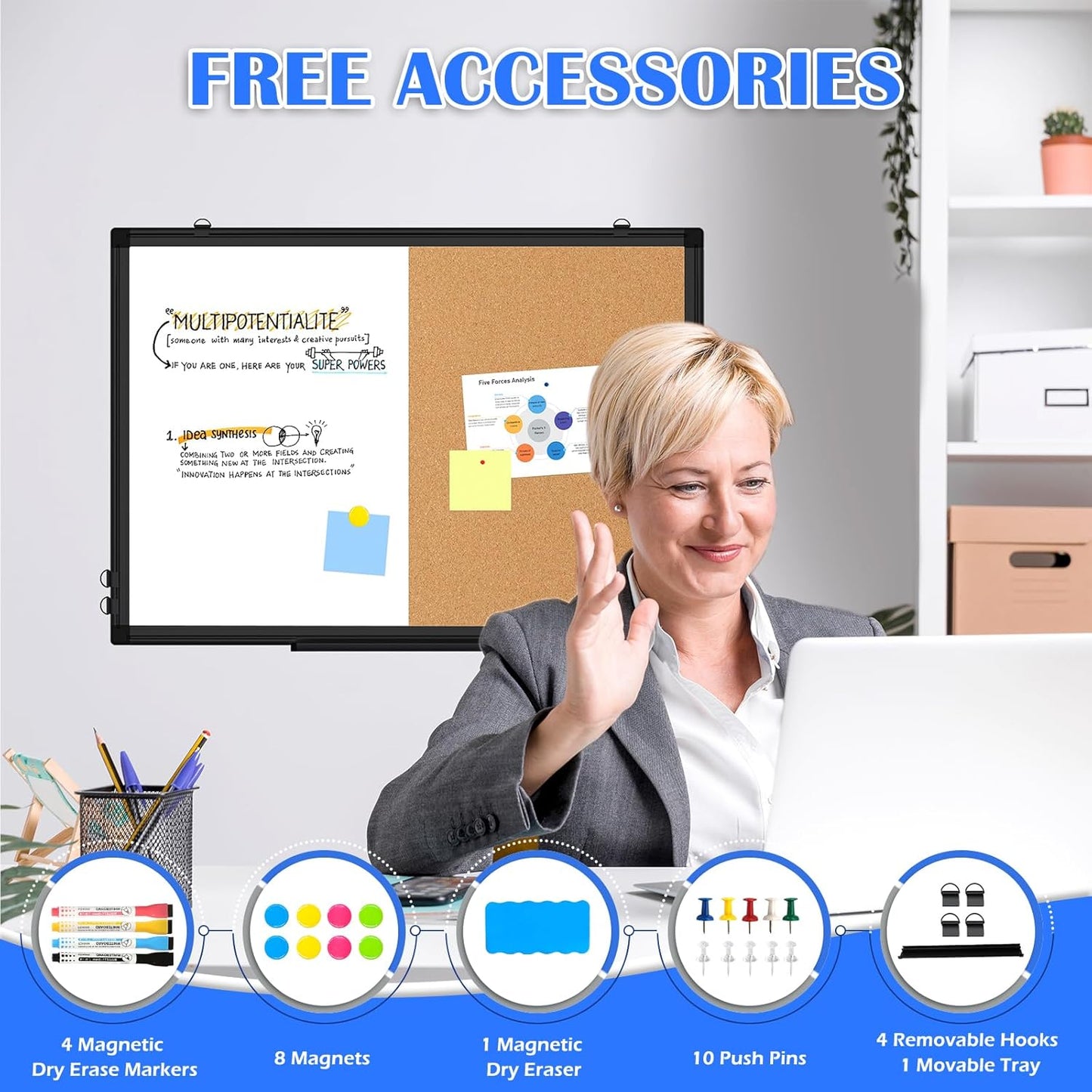 [24" x 36"] WALGLASS Dry Erase and Bulletin Boards Combo, Magnetic White Board Cork Board for Wall, Whiteboard & Corkboard Combination with Aluminum Frame, for Home, Classroom, Office