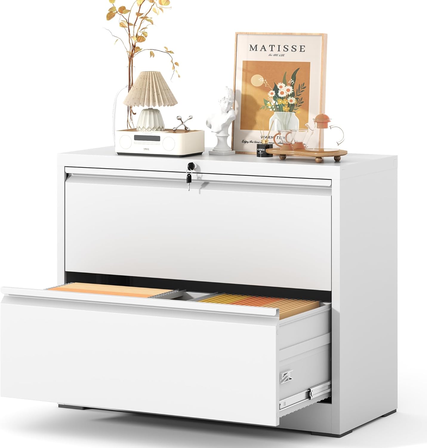 2 Drawer Lateral File Cabinet with Lock, Metal Lateral Filing Cabinet for Home Office, Steel Wide Horizontal Filing Cabinets for Letter/Legal/A4/F4 Hanging Files (White)