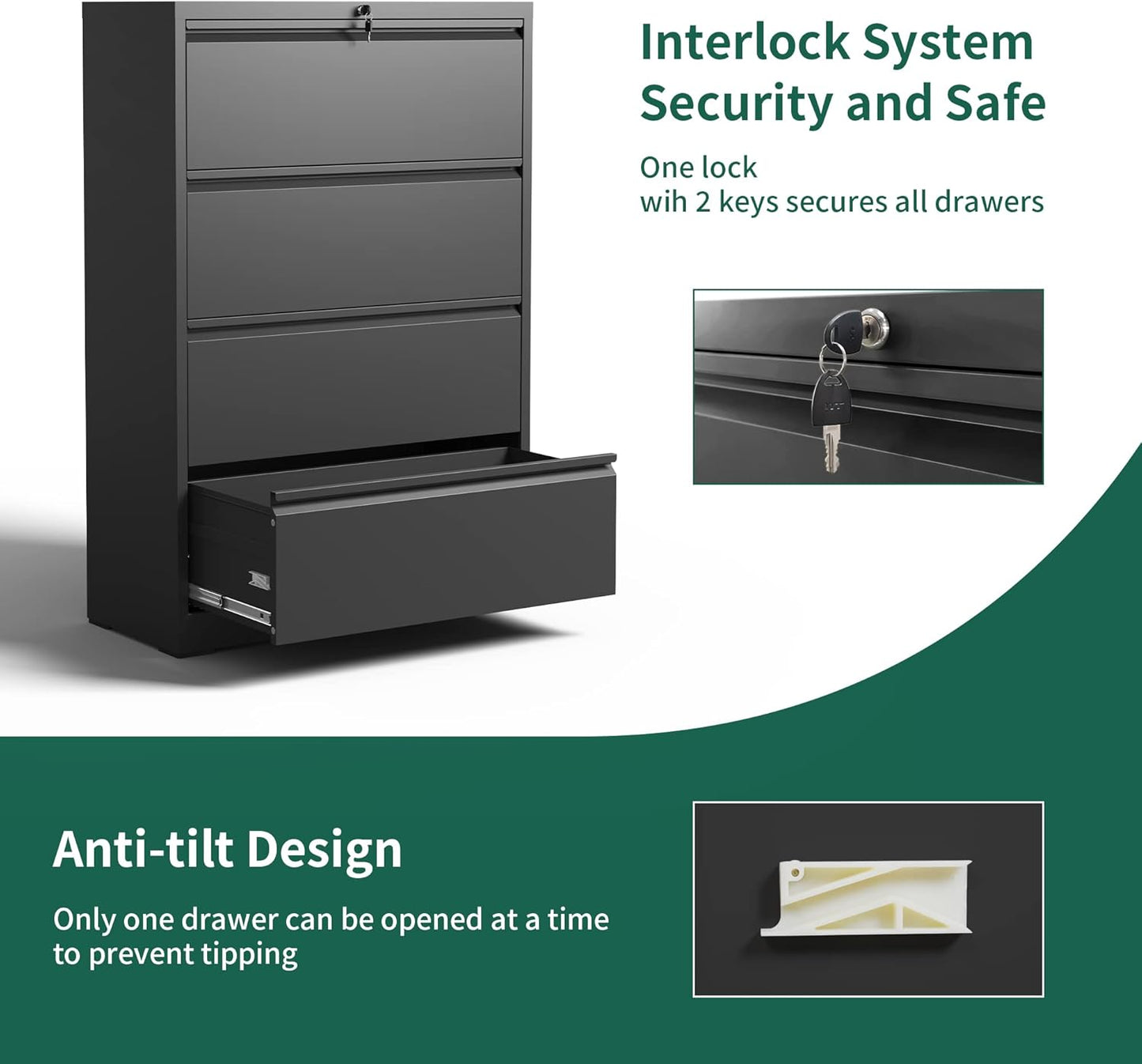 Lateral File Cabinet 4 Drawer, Metal File Cabinets for Home Office Legal/Letter A4 Size, Filing Cabinet with 4 Lock, Require Assembly, Black