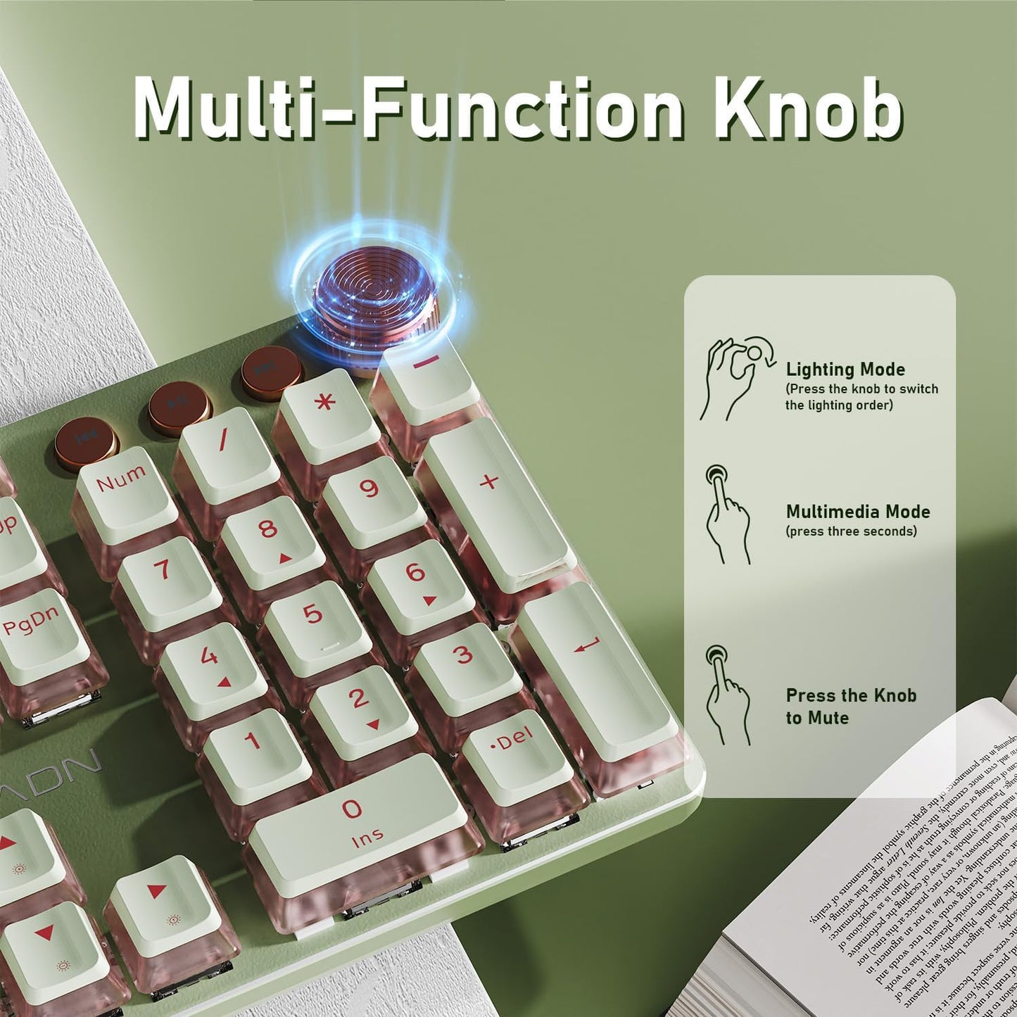 EWEADN V20 Wired Mechanical Keyboard, 104 Keys Backlit LED Keyboards, Media Control Knob, Wired Computer Keyboard Pink Switch for Windows/Mac/PC-Matcha Green