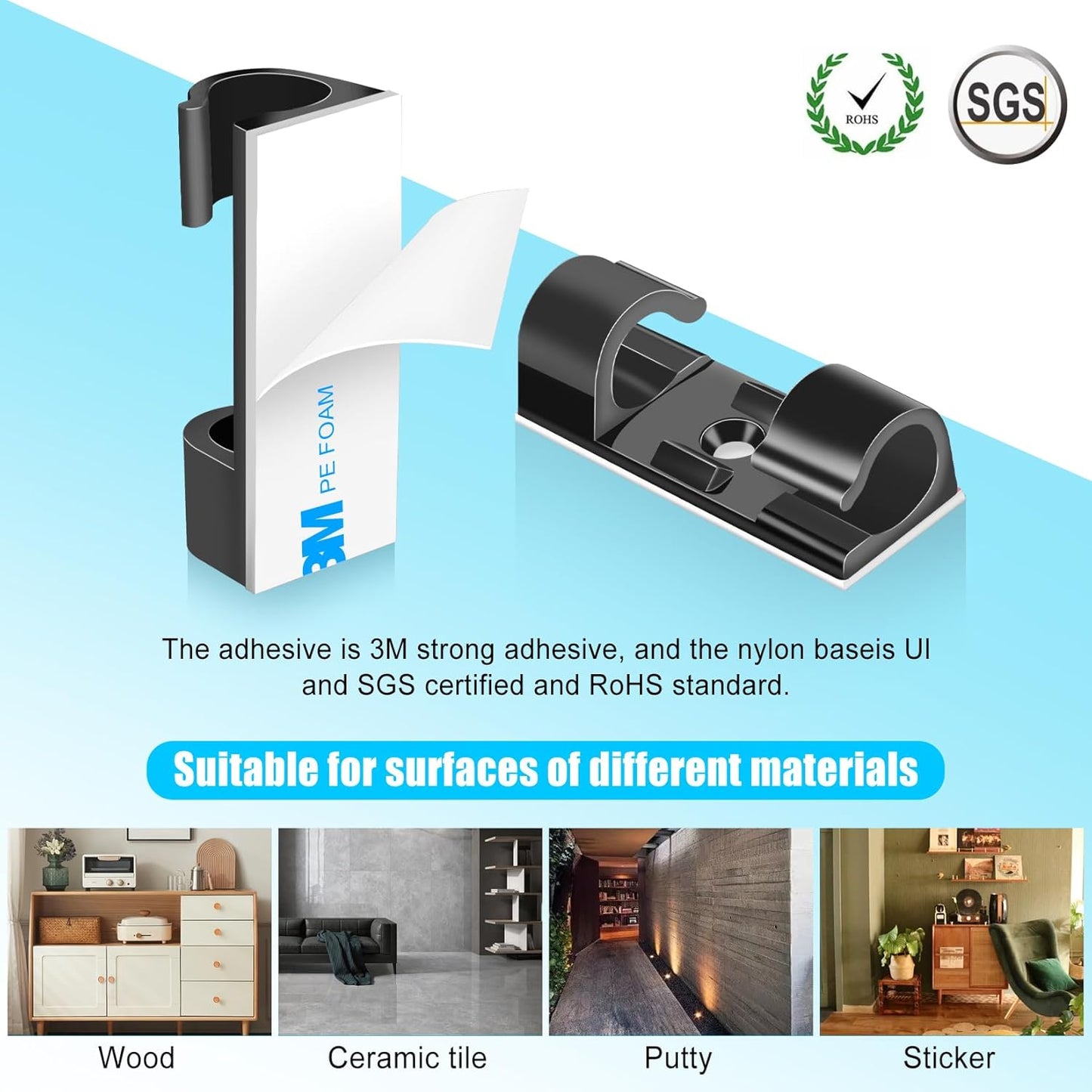 XHF 35pcs Large Self Adhesive Cable Clips Black,Wire Clips Cable Management Wire Organizer Cord Holder for Under Desk, Car, Wall, TV PC Ethernet Cable