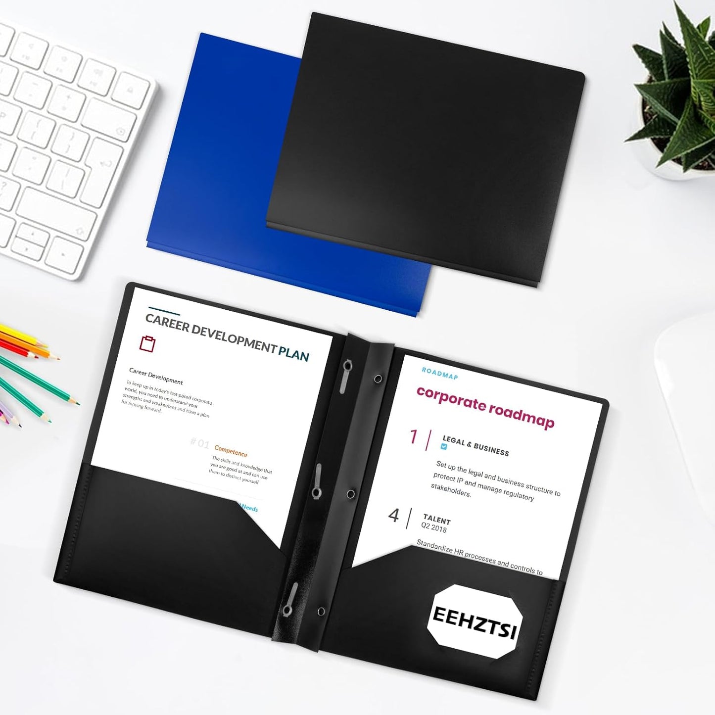 60-Pack Plastic Folders with Pockets and Prongs,2-Pocket Folders with 3 Fasteners, Poly Folders Holds 8-1/2" x 11" Paper for School/Office/Home, Black