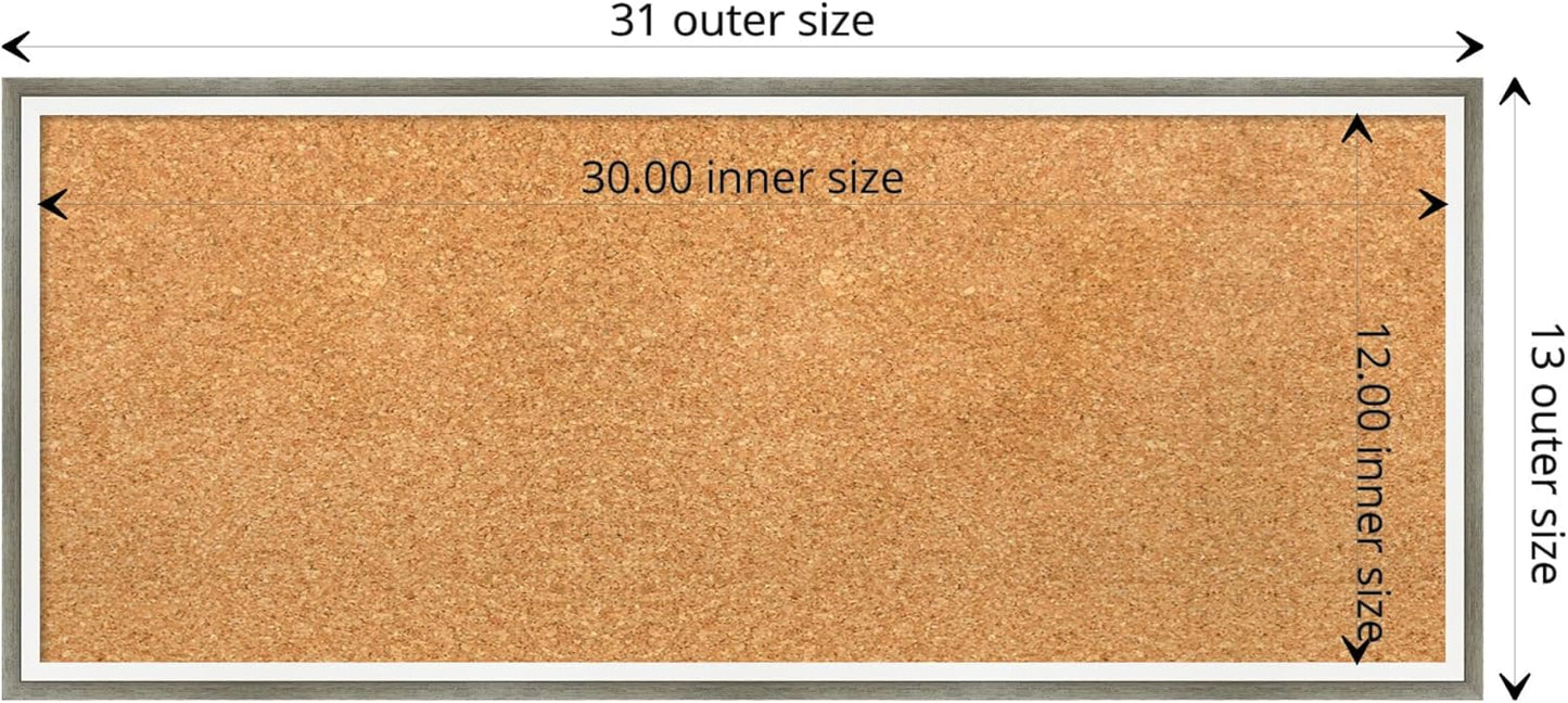 Amanti Art Natural Cork Board for Wall, 13x31 Vision Board with Silver Wood Frame, Medium Corkboard Office Decor for Home Organization, Modern Contemporary Corkboard Pinboard to display items for home