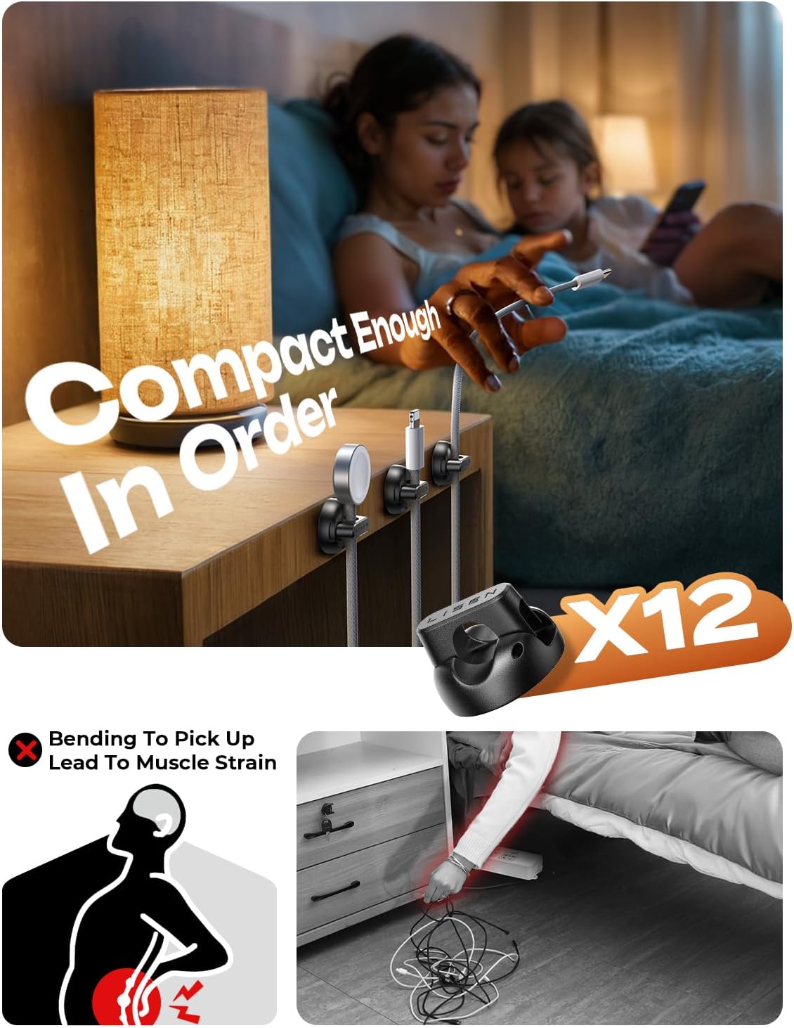 12-Pack Magnetic Cable Clips [1S Snap-On] Cord Holder, LISEN Office Desk Organizers and Accessories with 4 Extra Strong Adhesive Pads, Wire Organizer for Nightstand, Home, Wall, Car, Desktop