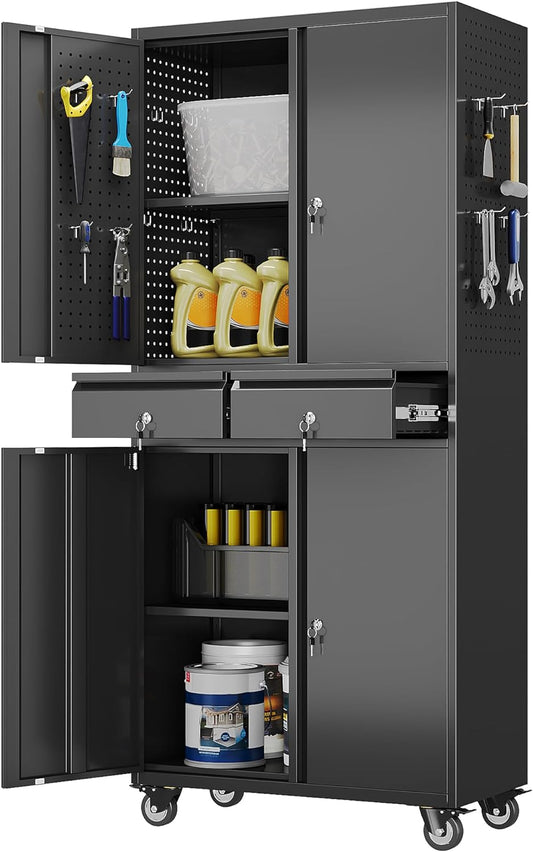 Aobabo Garage Storage Cabinet with Wheels, Metal Tool Storage Cabinet with 2 Drawers for Garage Home,Assembly Required,Black