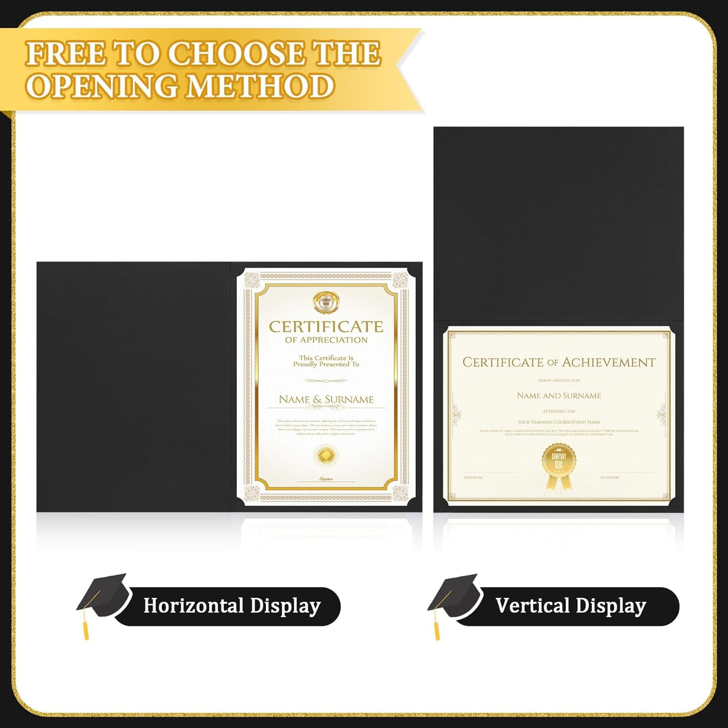 Ndsox 50 Packs Black Certificate Holders, Graduation Diploma Holders, 350GSM, Diploma Covers with Gold Foil Border for Letter Size 8.5" x 11" Award Certificate Paper, Cardstocks and Documents