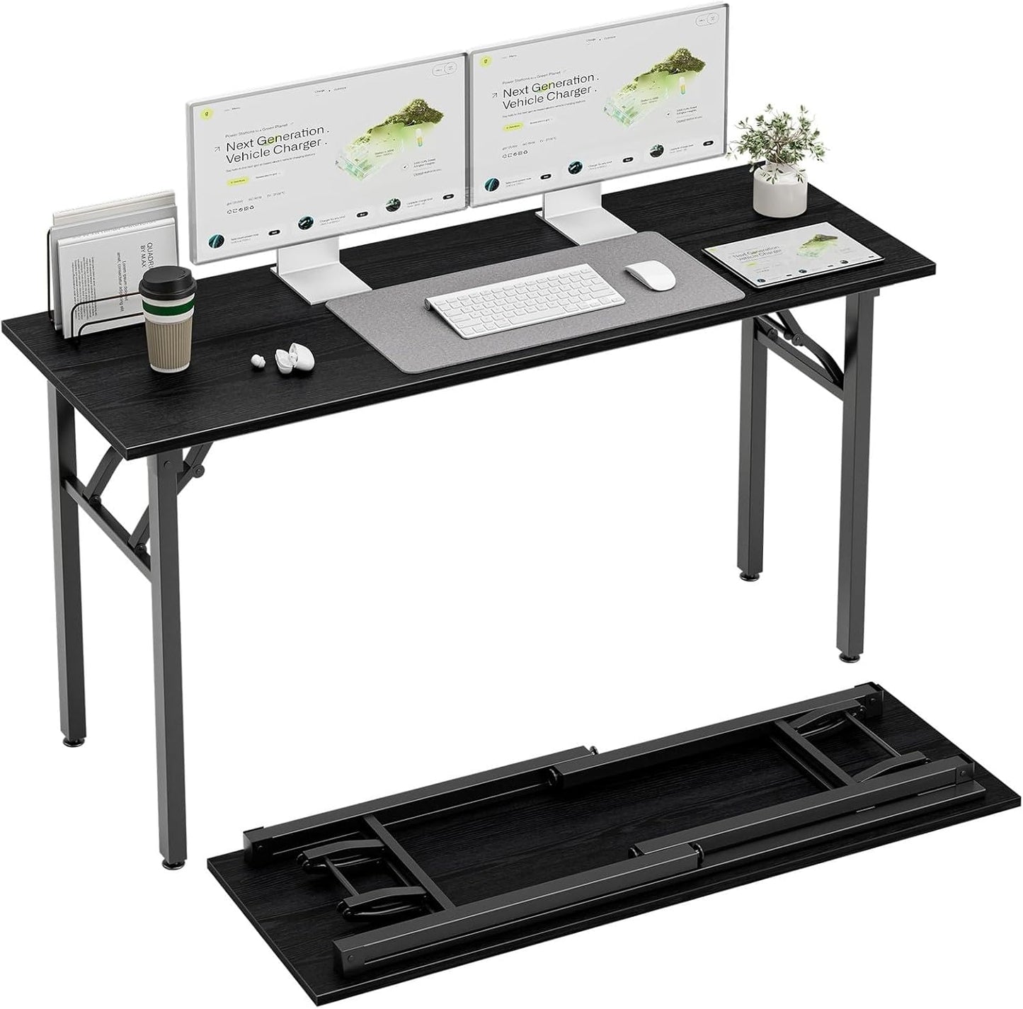 TEMI Long Computer Desk Folding Table - 55.1" Foldable Office Desk, No Assembly, Perfect Writing Table for Bedroom or Apartment, Portable Large Desk or Study Table with Compact Design, Dark Oak