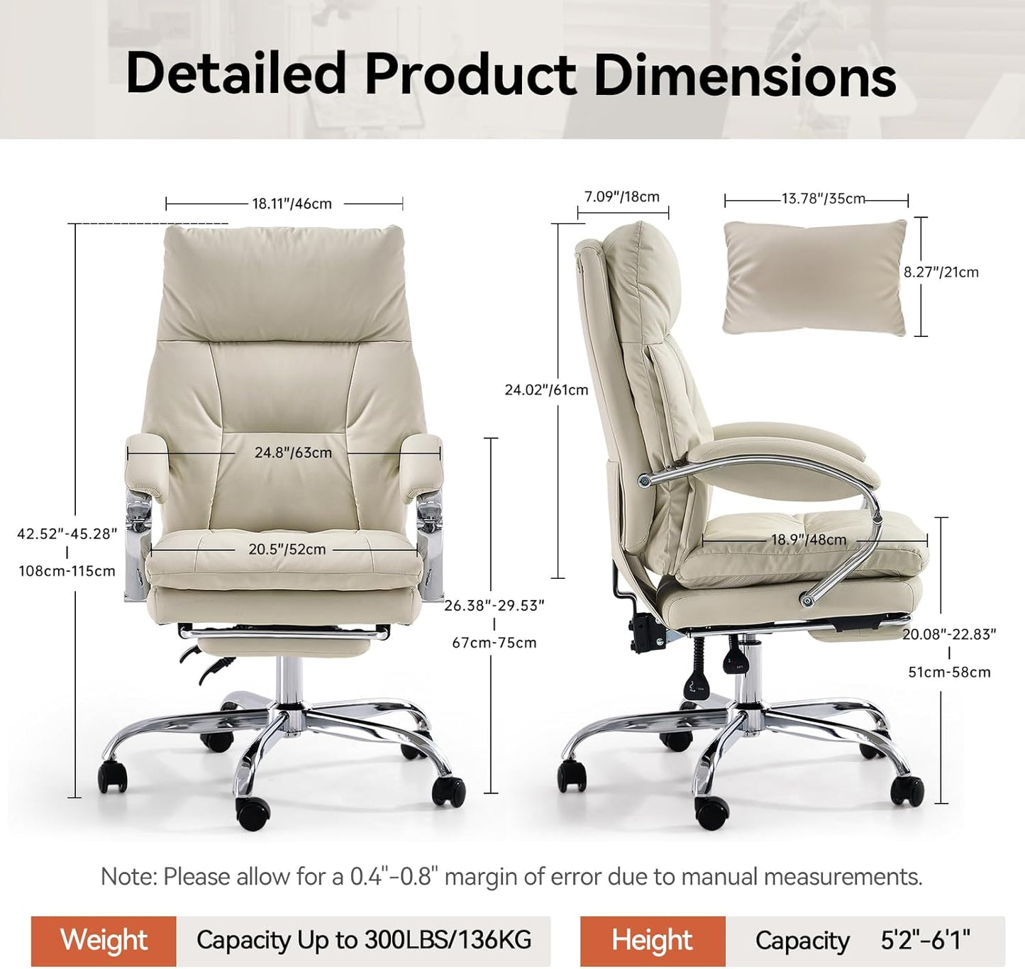 LEAGOO Office Chair with Foot Rest, Ergonomic Executive Office Chair with Arms, Reclining High Back PU Leather Comfy Swivel Computer Desk Chairs with Wheels and Lumbar Support for Home Office, Cream