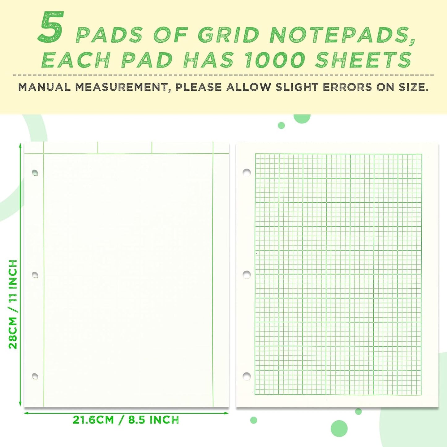 Zhanmai 5 Pack Engineering Computation Pad 5 Squares Per Inch 8.5" x 11" Engineering Graph Paper Notepad 100 Sheets Per Pad, 3 Hole Punched(Beige, Green)