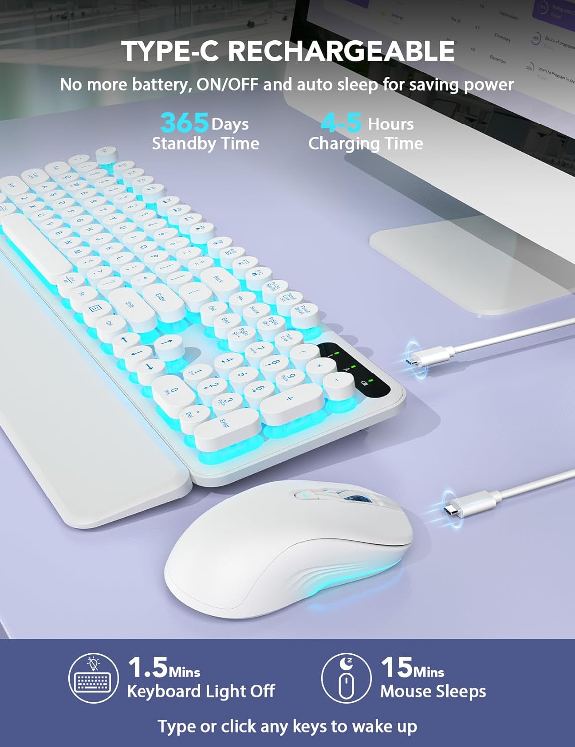 Wireless Keyboard and Mouse Backlit - Typewriter Keyboard with Retro Round Keycaps, Detachable Wrist Rest, Light Up Letters, 2.4G Rechargeable Combo for Mac, Windows, PC, Laptop, Trueque (White)