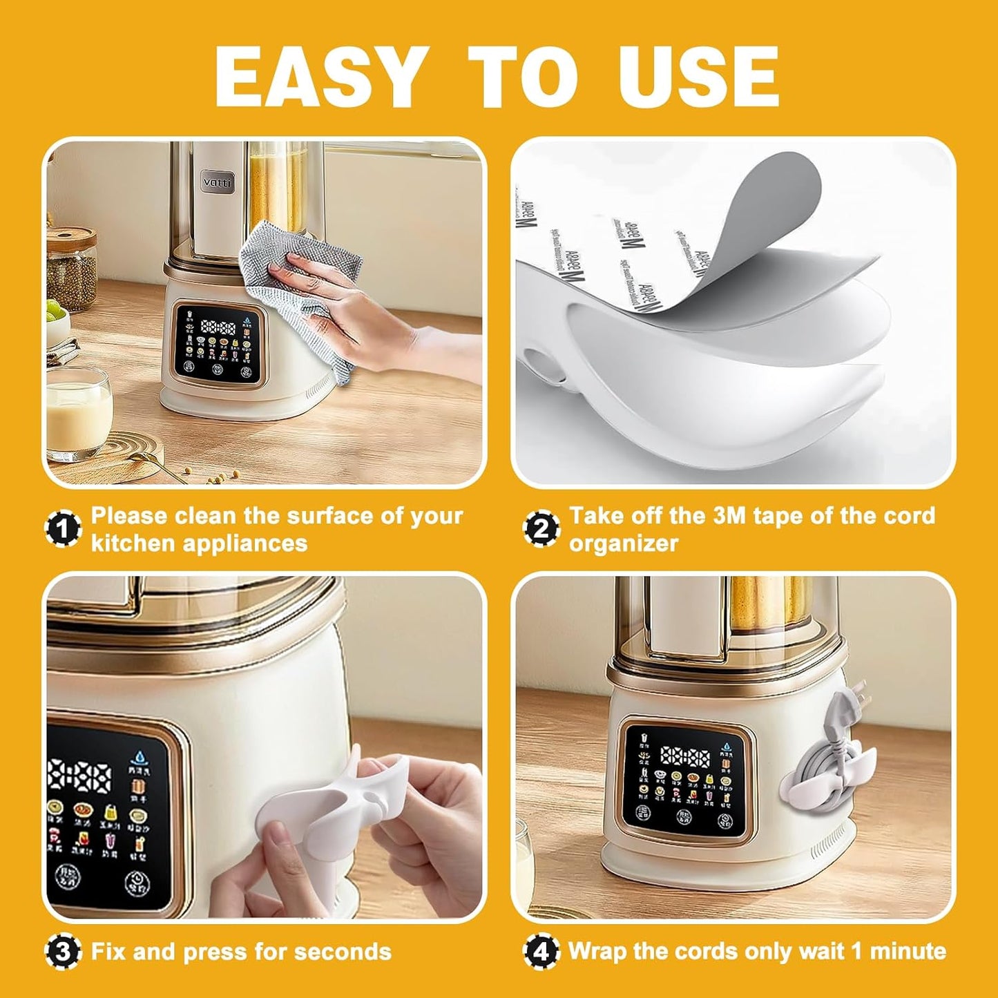 Cord Organizer for Kitchen Appliances, 4 Pack Appliance Cord Organizer Stick On, Cord Wrapper, Cord Holder, Cord Keeper, Kitchen Gadgets for Pressure Cooker, Kitchenaid Mixer, Coffee Maker