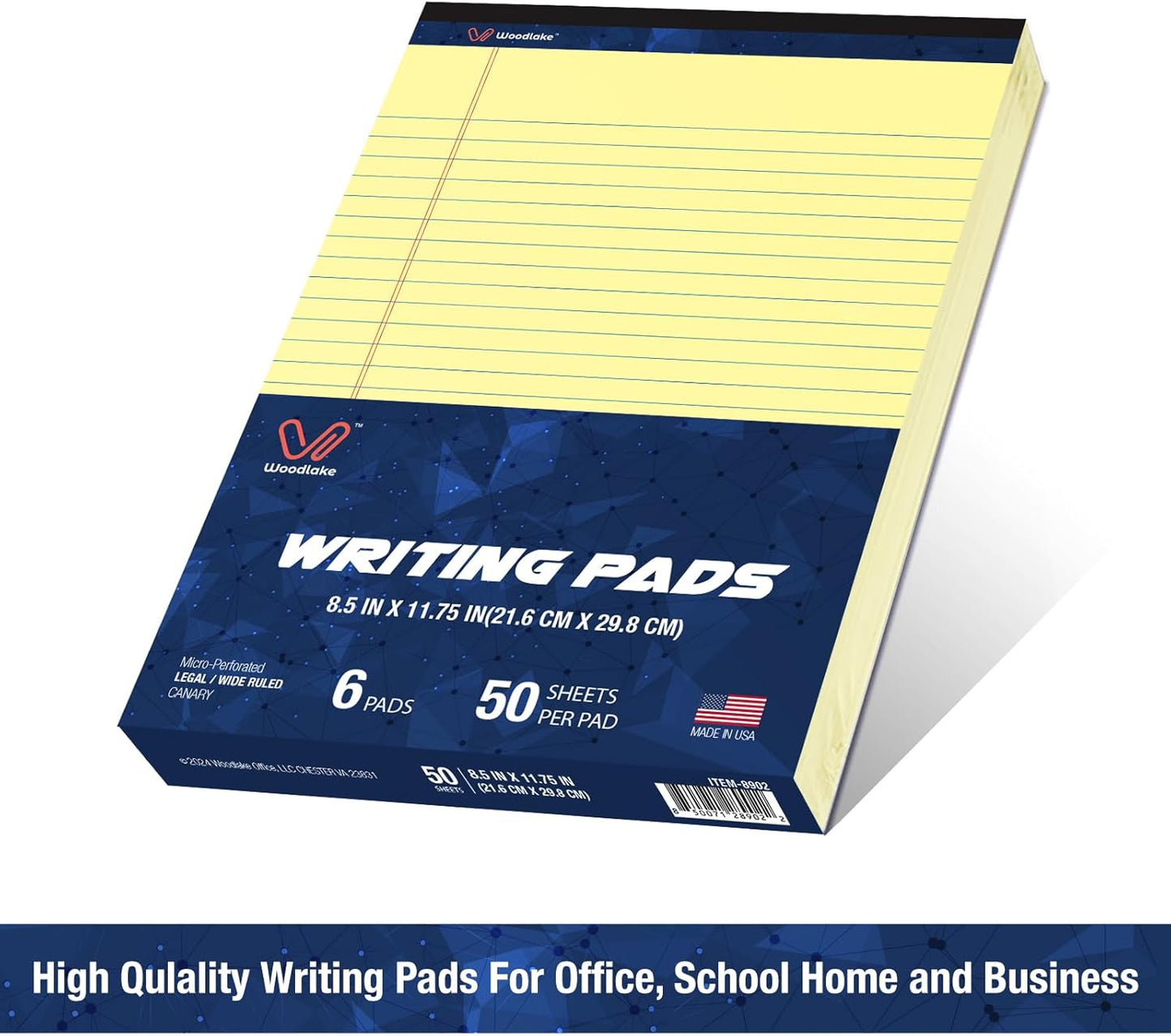 Woodlake Legal Pads 8.5 "x 11" – 6‑Pack, Wide Ruled, Premium Yellow Paper Pad No ink Bleed, Micro‑Perforated Writing Pads,50 Sheets, Letter Size Note pads for School, Office & Home, Made in USA