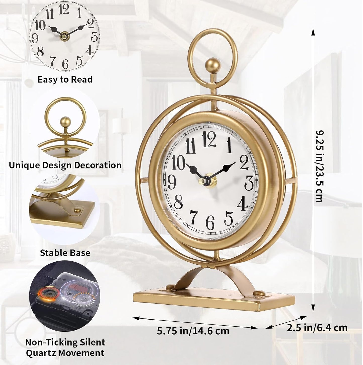 Vintage Table Clock on Stand, Decorative Metal Desk Clock, Small Antique Gold Silent Non-Ticking Battery Operated Farmhouse Shelf Table Clocks for Home Kitchen Bedroom Decor
