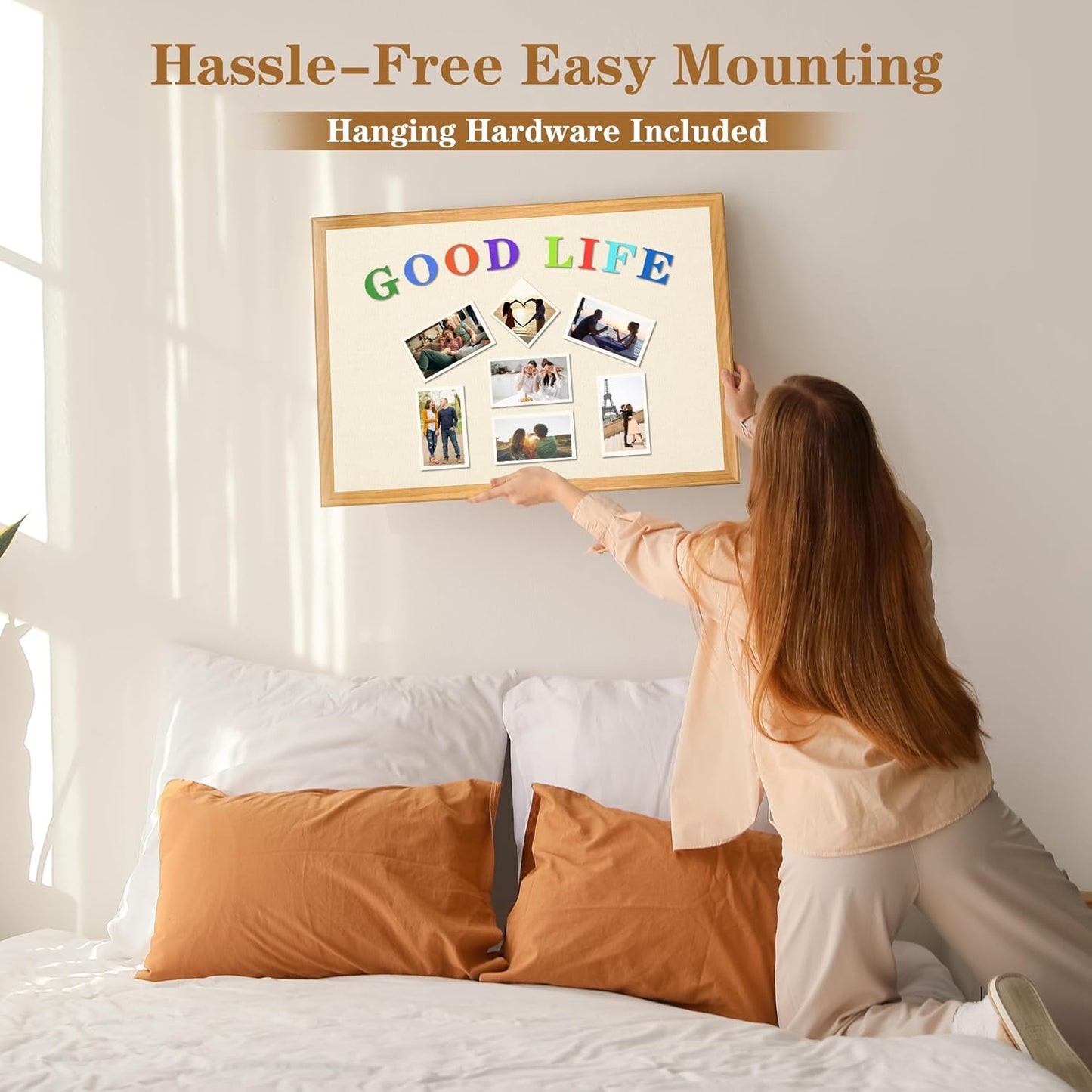 SHANTRA 24 x 18 Inch Bulletin Board with Beige Fabric, Wood Framed Canvas Cork Board, Corkboard for Walls with 10 Pins, Decorative Vision Board, Wall Mounted Notice Board for Home, Office, School